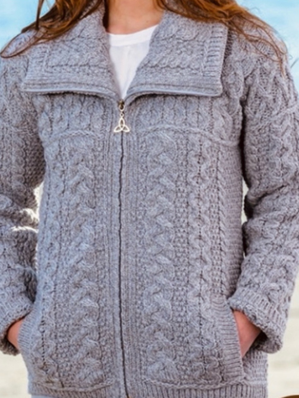 Aran Crafts Double Collar Zip Merino Wool Aran Cardigan